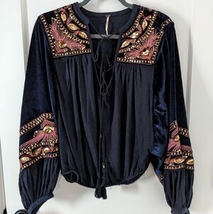 Free People Hearts Aflame Top Blouse XS Boho Balloon Velvet Sleeve *See Flaw